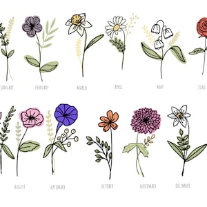 May include: A printable chart featuring a different flower for each month of the year. The flowers are drawn in black outline with colored accents. The months are listed below each flower.