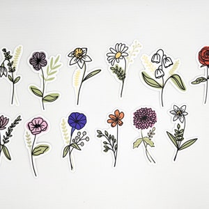 May include: A set of 12 flower stickers featuring various floral designs in pink, purple, blue, yellow, orange, red, and white. The stickers are outlined in black and have a white background.