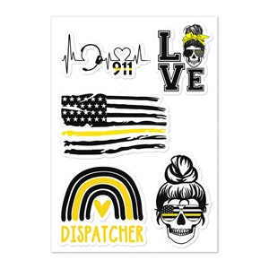 911 Dispatcher Sticker Sheet - 5 Stickers Thin Gold Line Flag, Skull, Dispatcher Gift