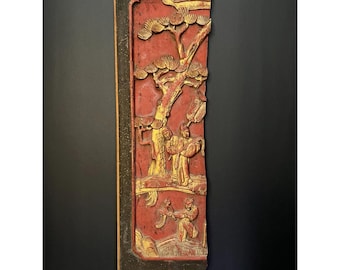 Prachtig handbeschilderd Chinees wandpaneel in rood en goud - 53 cm hoog