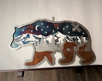 Arte de pared de oso de acero, Decoración de pared de metal, Arte de pared en capas, Arte de pared moderno