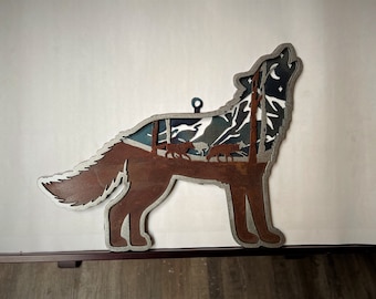 Arte de pared de lobo de acero, Decoración de pared de metal, Arte de pared en capas, Arte de pared moderno