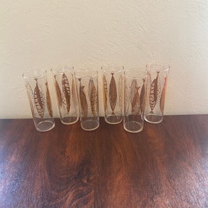 Vintage MCM Set of 6 Fred Press 22 Karat Gold Fish 12 Ounce Highball Tom Collins Glasses/ Water Tumblers/ AS-IS Hard Water Damage & Wear
