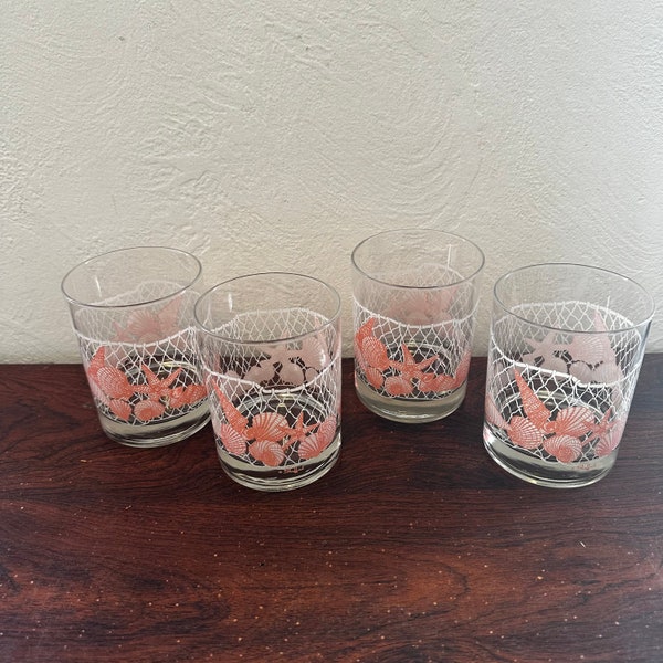 Vintage 1980’s Set of 4 Shafford Pink Seashell and Fishnet Design 10 Ounce Rocks Bar Glasses