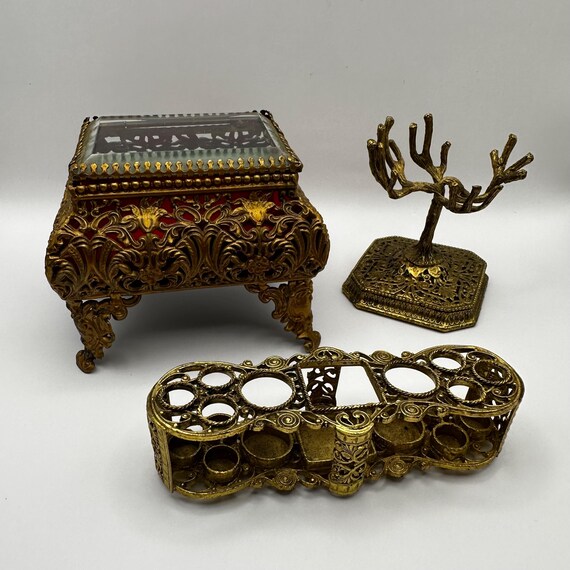 Vintage Hollywood Regency Style Gold Gilt Boudoir Set: Royal Mfg. Co Jewelry Casket Box, Tree Ring Holder and Lipstick and Cigarette Holder