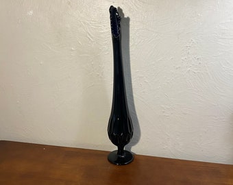 Vintage Fenton Black Amethyst Thumbprint 18.5” Swung Vase