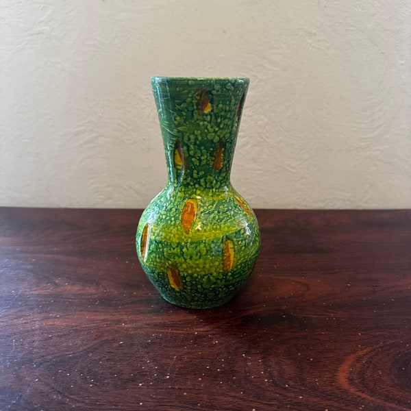 Vintage MCM 7” Italian Pottery Vase Bitossi Style Green, Yellow and Orange Glaze