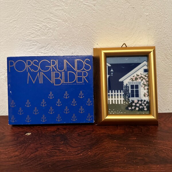 Vintage Porsgrund Norway Norwegian Gold Framed Ceramic Tile “Summer Fields” Designed by Anne Marie Odegaard w/ Original Box