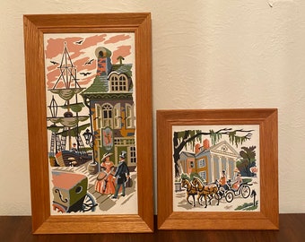 Vintage Pair of Two Southern Antebellum Style Paint by Numbers, 8x16 & 8x8, Horse and carriage, Southern belle, Ships, Americana.