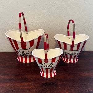 Vintage 1950’s Davar Originals Red Striped Chips, Candies and Nuts Containers with Handles Holt Howard Style