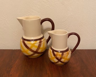 Vintage 1940’s Pair of Vernonware Organdie Plaid Pitchers- 28 Ounce 6 3/4” Pitcher and 12 Ounce 5” Pitcher Great Condition