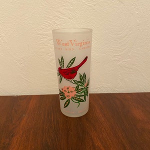 Vintage Frosted Glass West Virginia State Souvenir Glass w/ State Bird and Flower/ 12 Ounces