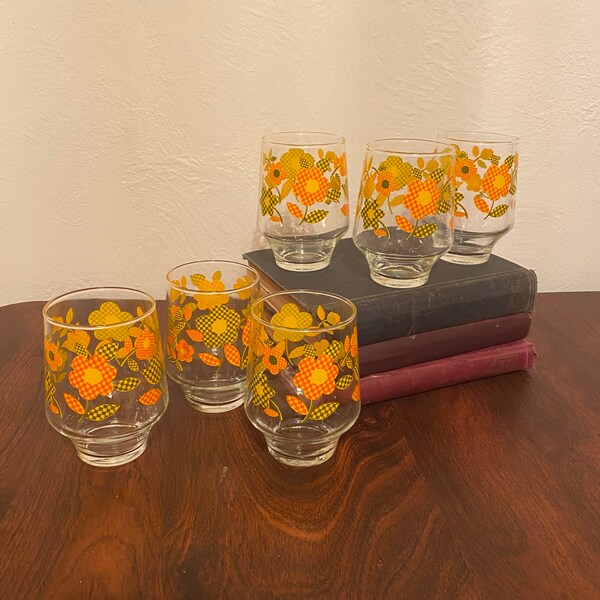 Retro 1970’s Gingham Floral Pattern 12 Ounce Drinking Glasses- Set of 6, Great Condition! Unknown Maker.