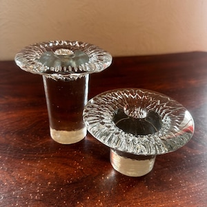Vintage 1980’s Pair of Blenko Glass Clear Mushroom Candlestick Holders 5” & 3” Tall