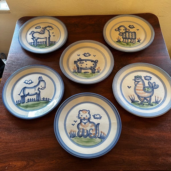 Vintage 1980’s Set of 6 M.A Hadley Pottery Large Dinner Plates Handpainted Horse, Sheep, Pig, Chicken, Cat, & Donkey Patterns 11” Across