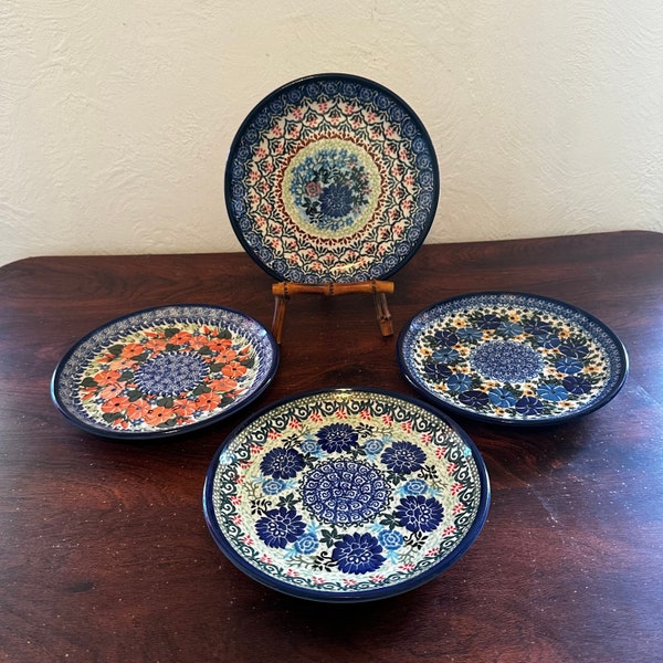 Gorgeous Set of 4 Polish Pottery UNIKAT 8” Salad/ Bread Plates M. Starzyk Teresa Llana