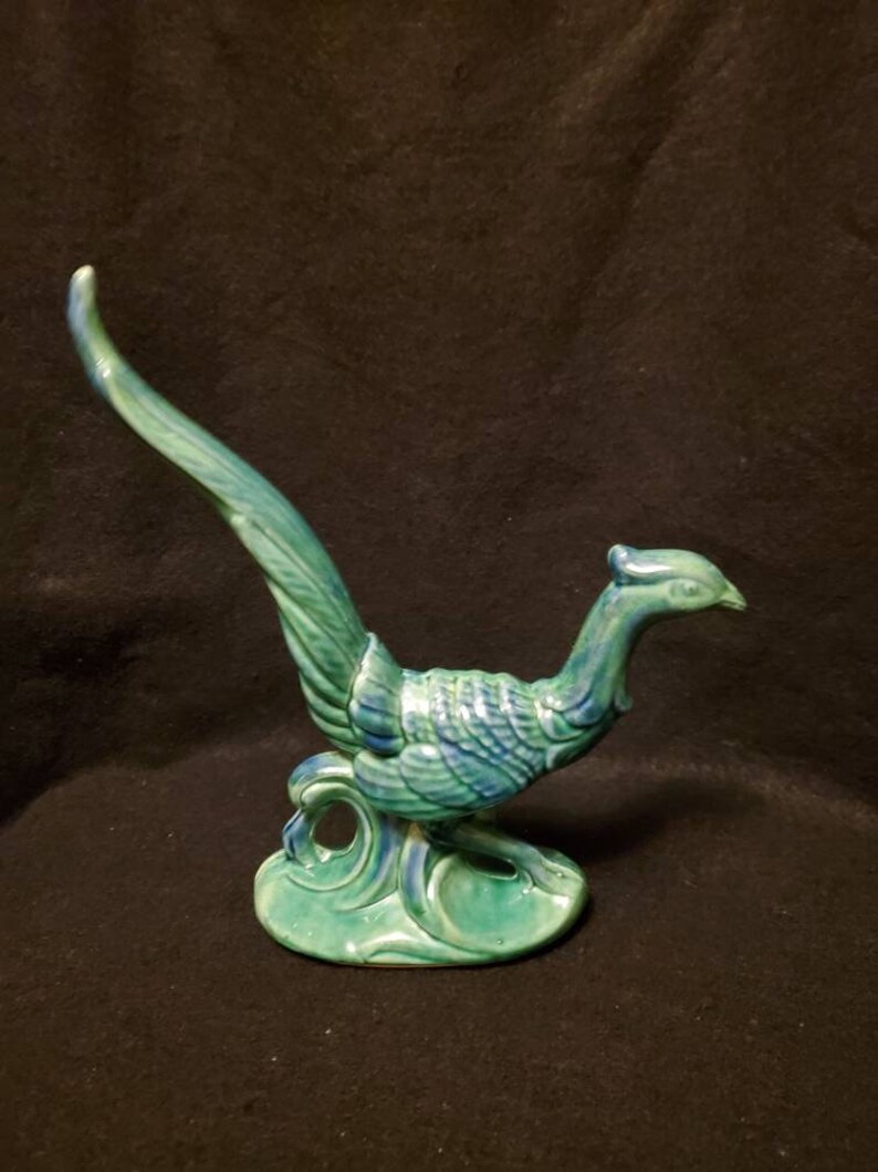 VintageRetro Ceramic Pheasant statue with bluegreen drip glaze.