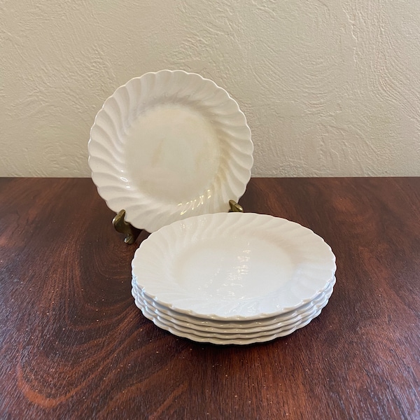 Vintage 1960’s Set of 6 Johnson Bros. Snowhite Regency Ironstone Swirl 6” Dessert/ Bread Plates/ Crazing and Staining