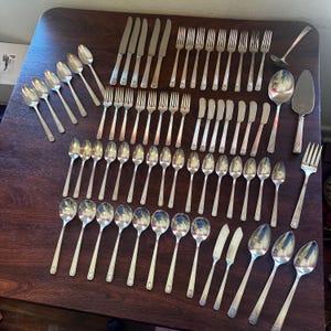 Vintage 1930’s Oneida Community Plate Noblesse Pattern Art Deco Silver Plate Flatware Mis-matched Set of 68 Pieces Including Serving Pieces