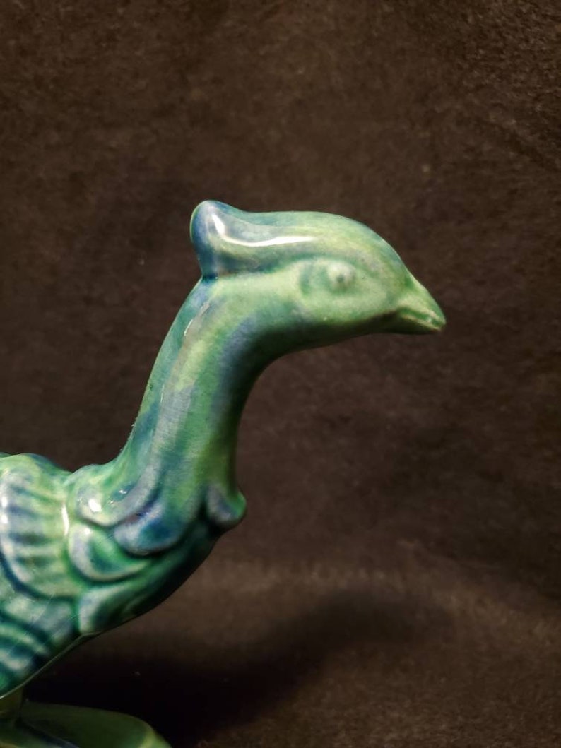 VintageRetro Ceramic Pheasant statue with bluegreen drip glaze.