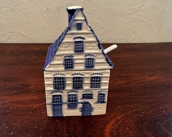Vintage Handpainted Delft Blue KLM House Ceramic Sugar Dish With Spoon 5.25” Tall