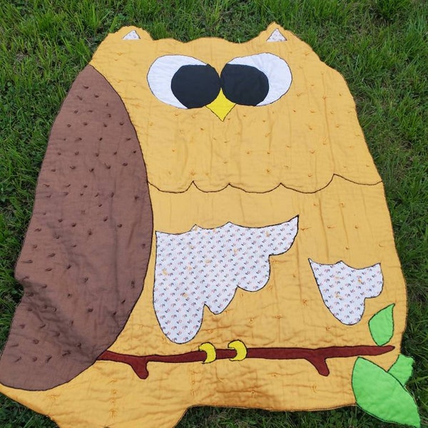 Retro 1970's Owl Handmade Baby Blanket/ Quilt-49.5 inches long by 39.5 inches wide- Wise Old Owl- Bohemian, Eclectic