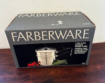 Vintage 1980’s-1990’s Farberware 2 Qt Covered Double Boiler Stainless Steel w/ Aluminum Clad Bottom NIB