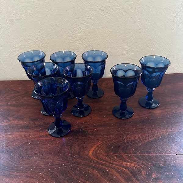 Vintage Set of 8 Imperial Glass-Ohio Old Williamsburg Deep Blue Cobalt Blue 5 1/4” Four Ounce Wine Glasses