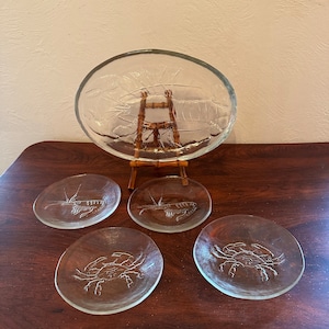 Vintage Kosta Boda Sweden Goran Warff Clear Glass Seafood Set 12” Lobster Platter 2 Prawn Dishes 2 Crab Dishes