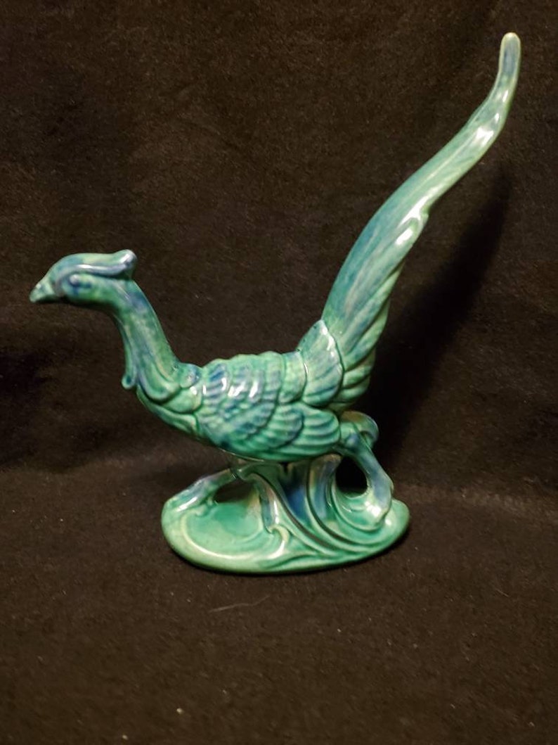 VintageRetro Ceramic Pheasant statue with bluegreen drip glaze.