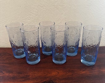 Beautiful Vintage Set of 6 Anchor Hocking Blue Iris 12 Ounce Drinking Glasses/ Tumblers 3-D Relief Design