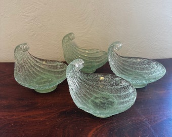 Vintage 1960’s Fratelli Toso Murano Set of 4 Overshot Green Frit Ribbed Glass Shell Dishes