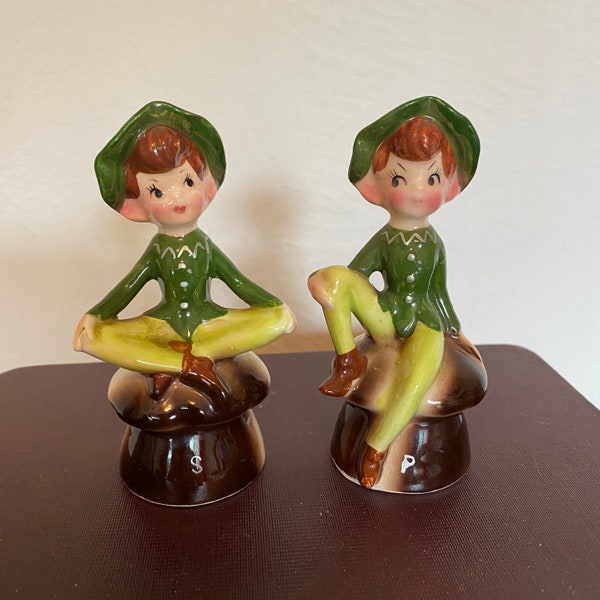 Vintage 1950’s Enesco Pixie Elves Mushroom Salt and Pepper Shaker Set Excellent Condition  No Flaws