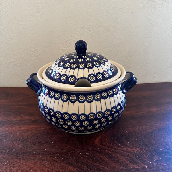 Gorgeous Vintage Boleslawiec Polish Pottery Dots and Stripes 4 Quart Soup Toureen No Ladle