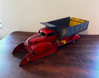 Vintage 1930’s Marx Toys Pressed Steel Lumar Contractors Dump Truck With Front End Loader Toy Truck *AS IS Surface Rust*