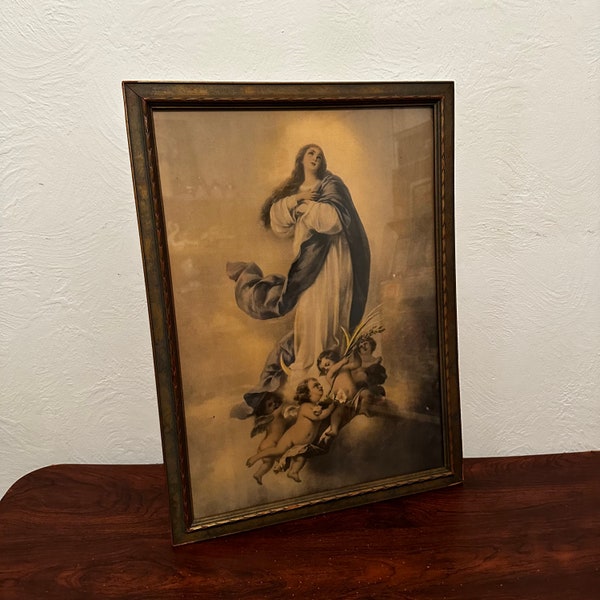 Gorgeous Antique Early 1900’s Immaculate Conception Virgin Mary Cherubrim 19 Inches Long by 14.5 Inches Wide Framed Art Religious Icon Art