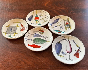 Vintage 1960’s MCM Fornasetti-Milano Made in Italy “La Pesca” Fishing/ Fishing Tackle Themed Ceramic Coasters Set of 5