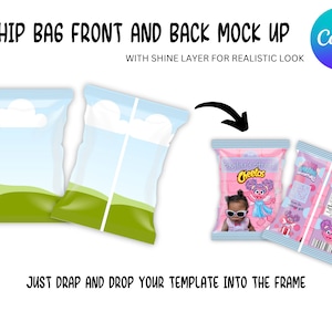 May include: Mockup of a chip bag front and back. The front features a blue sky with a white cloud and green grass. The back features a pink and white design with a cartoon character and the text "Skyler's Street Cheetos".