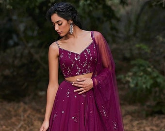 Wine Hand Embroidered Lehenga Set--