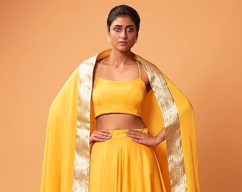 Mustard Yellow Plain Lehenga Set with Dupatta--Skirt Top,Prom,Evening Dress,Party Wear,Brides,Bridesmaids