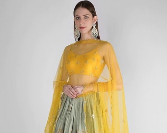 Yellow blouse Embroidered Lehenga Set Cocktail Wedding Party handmade Embroidery Bridesmaid Bridal Indian Pakistani Designer Customizable