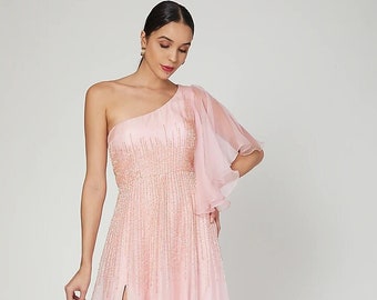 Blush Pink off shoulder one piece Gown--Prom, Evening Dress, Wedding Party, Zari, Embroidery ,handcrafted,Bridesmaid,Bridal