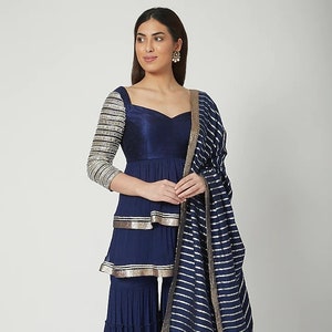 Cobalt Blue Embroidered Sharara Set Cocktail Wedding Party handmade Zari Embroidery Bridesmaid Bridal Indian Designer Customisable RD FM