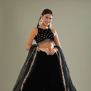 Black Embellished Velvet Top With Skirt Indian Lehenga Choli