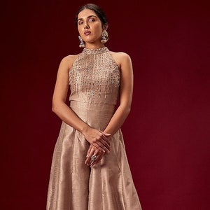 Carnal Brown Hand Embroidered Jumpsuit--Prom, Evening Dress, Wedding Party, Zari, Embroidery ,handcrafted,Bridesmaid,Bridal