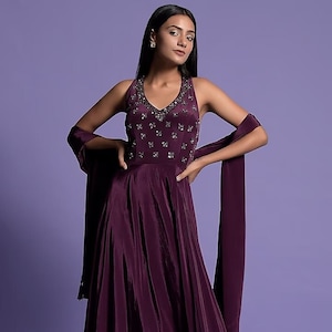 Wine Color Net Embroidered Anarkali Gowns with Dupatta - Clearance main image 0