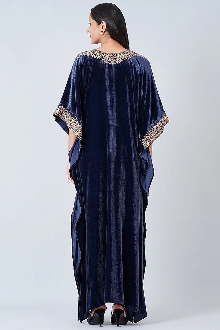 Vivo Mistari Gathered Sleeve Open Kaftan - Blue / Black Print