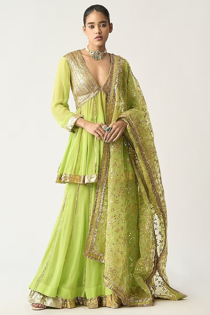 Green Pure Georgette Sharara Suit main image 1
