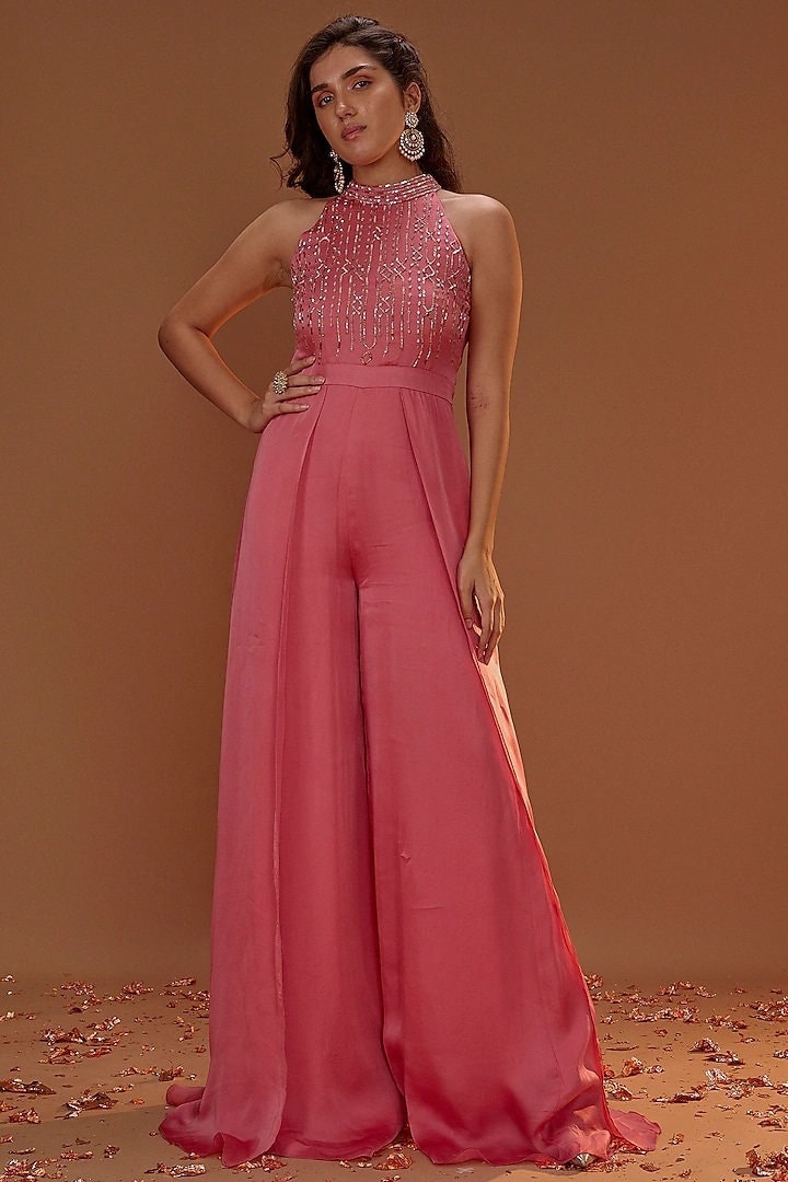 Salmon Pink Satin Jumpsuit With Overlaycocktail Wedding Party Etsy