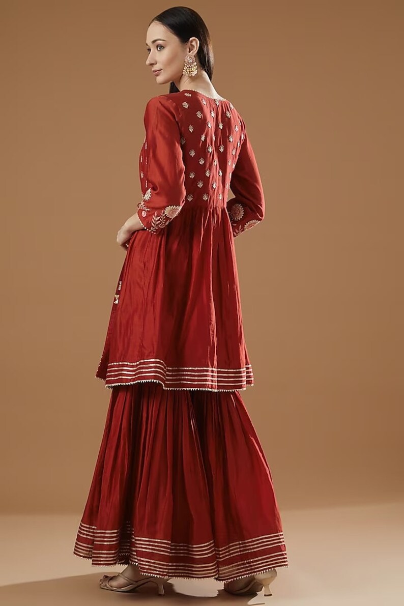 Bandhej Print Gota Patti Embellished Angrakha Flared Suit with Schiffli Embroidery Laces